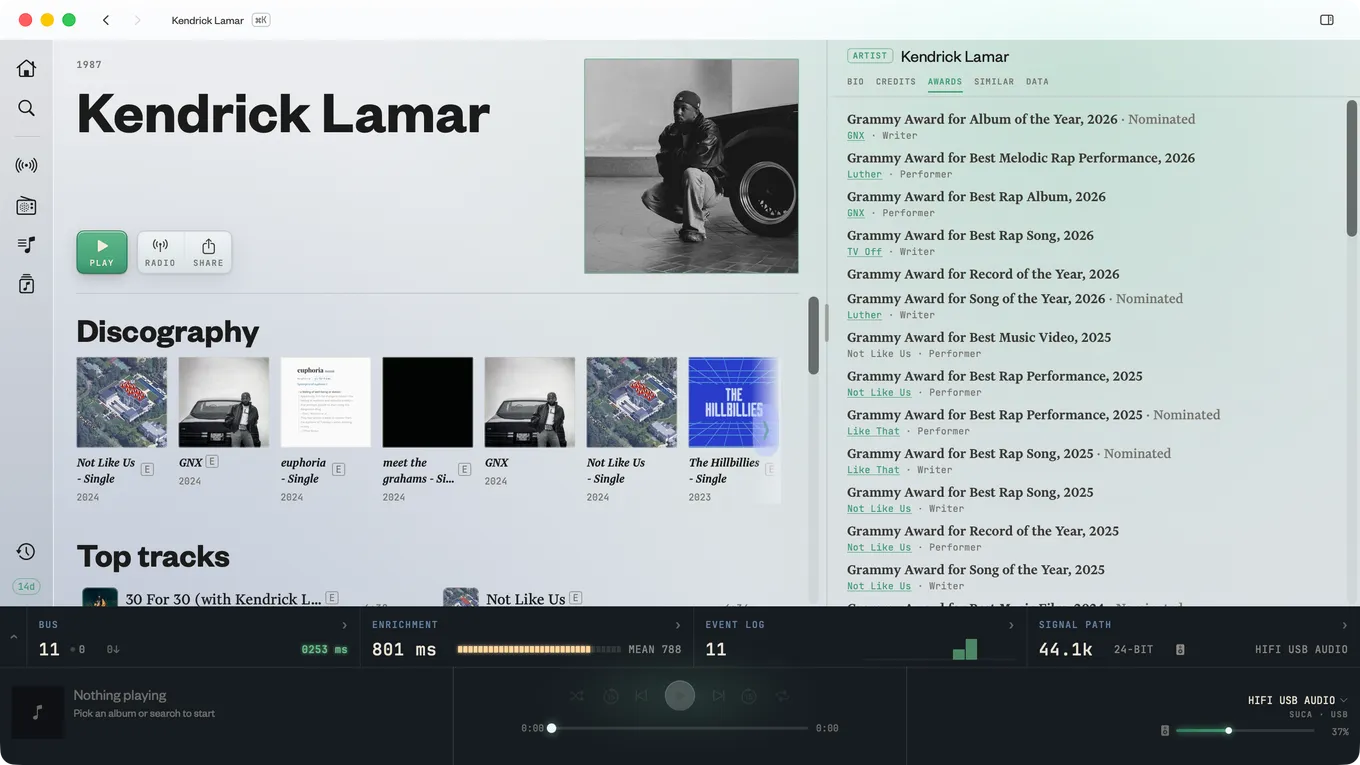 Kendrick Lamar's artist page in Kapell, with the enrichment panel open to an Awards tab listing Grammy wins and nominations by year, each linked to the song that earned it.