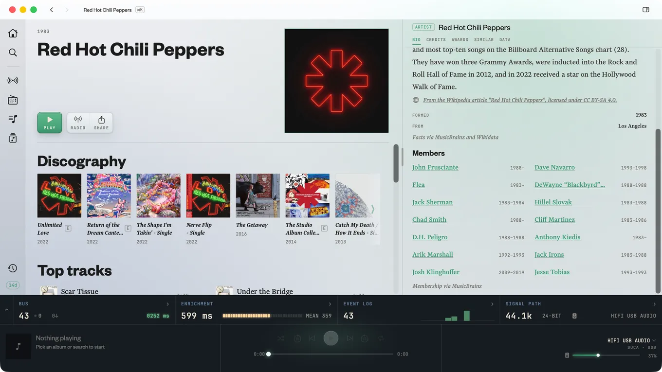 Red Hot Chili Pepper's artist page in Kapell, with the enrichment panel open to a list of members and years active.
