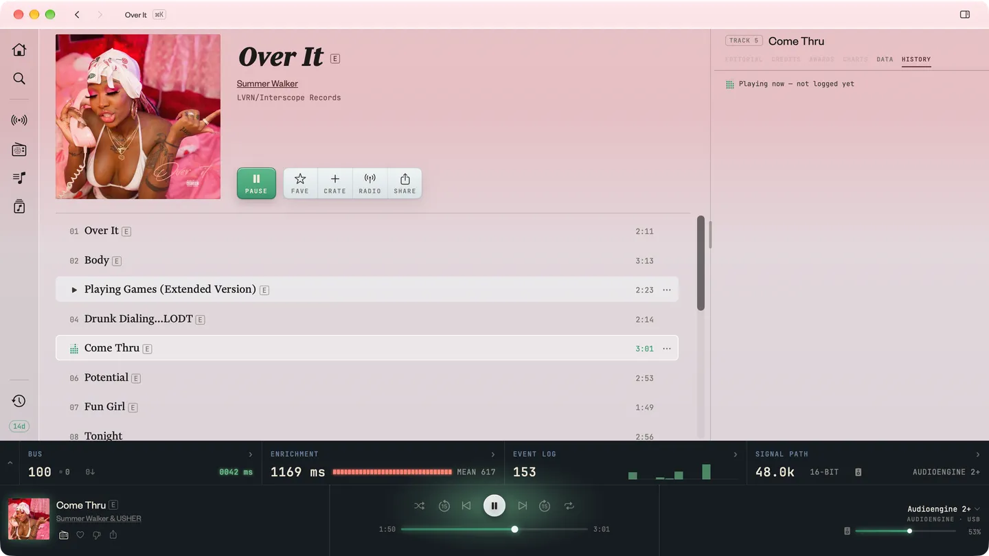 Shot of Kapell's UI tinted pink to match the cover of Summer Walker's _Over It_