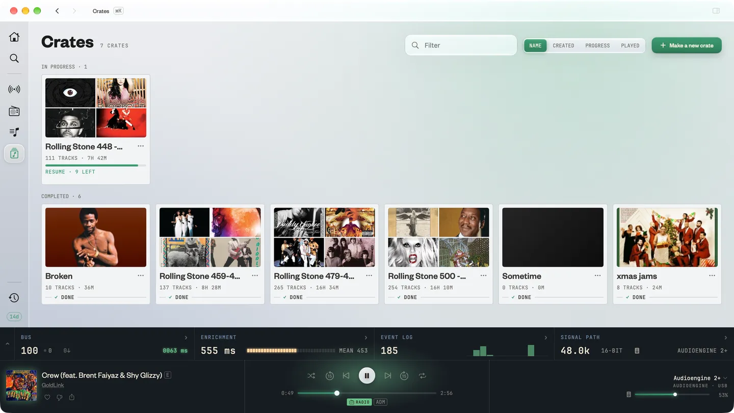 Shot of playlist screen showing sort and filter controls at the top left.
