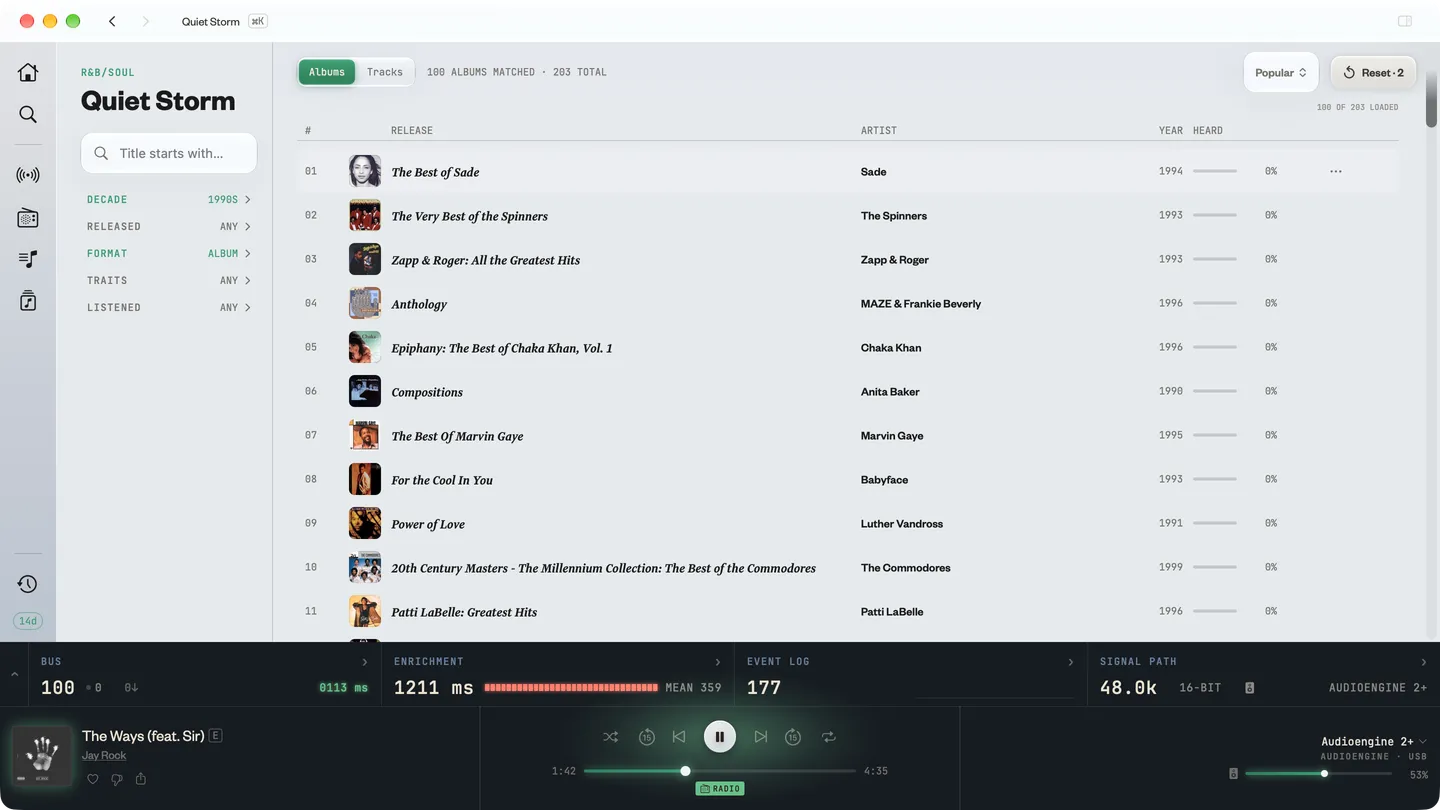 Listing of albums filtered by sub-genre, decade, and format.
