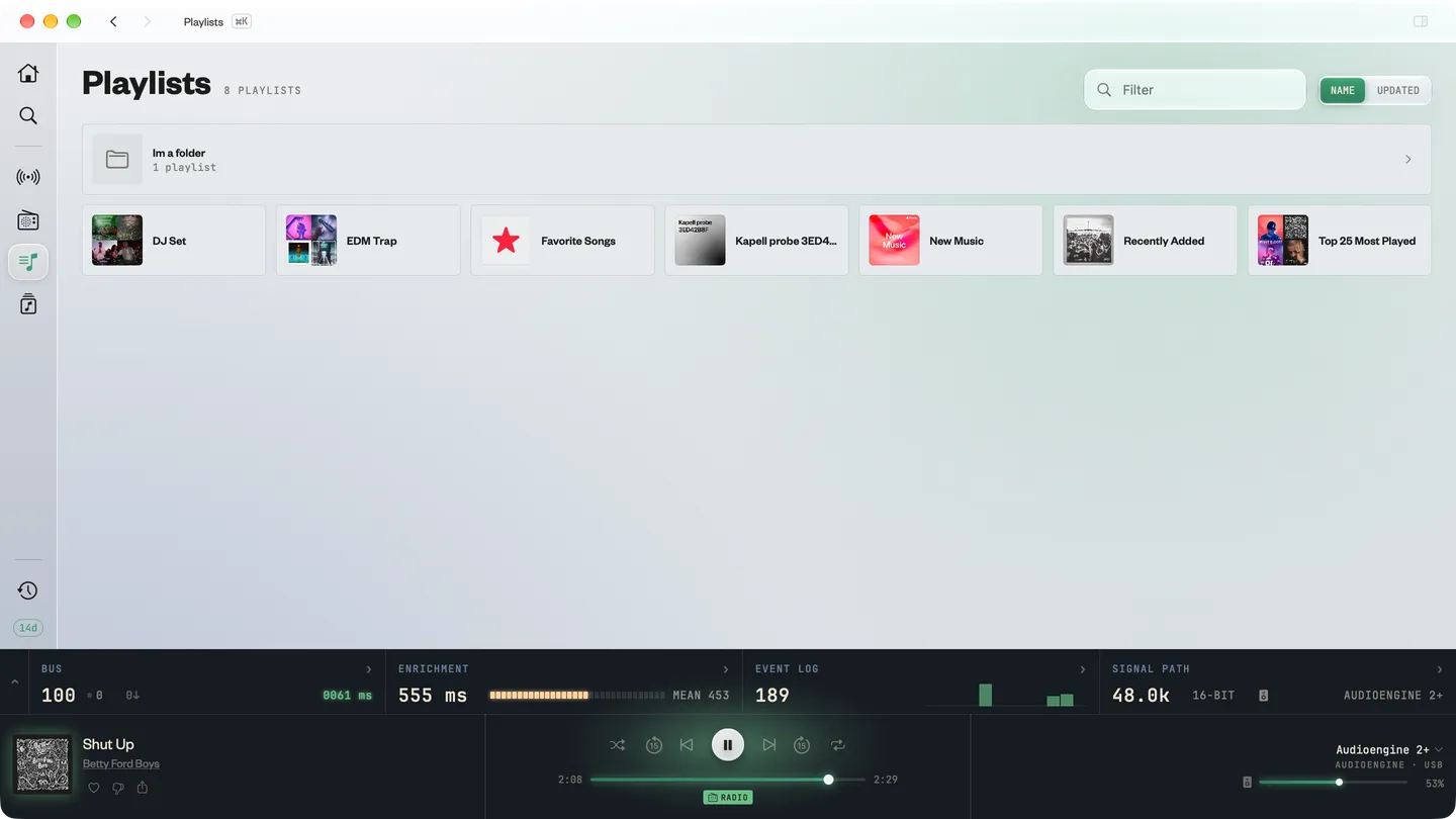 Shot of crate screen showing sort and filter controls at the top left.