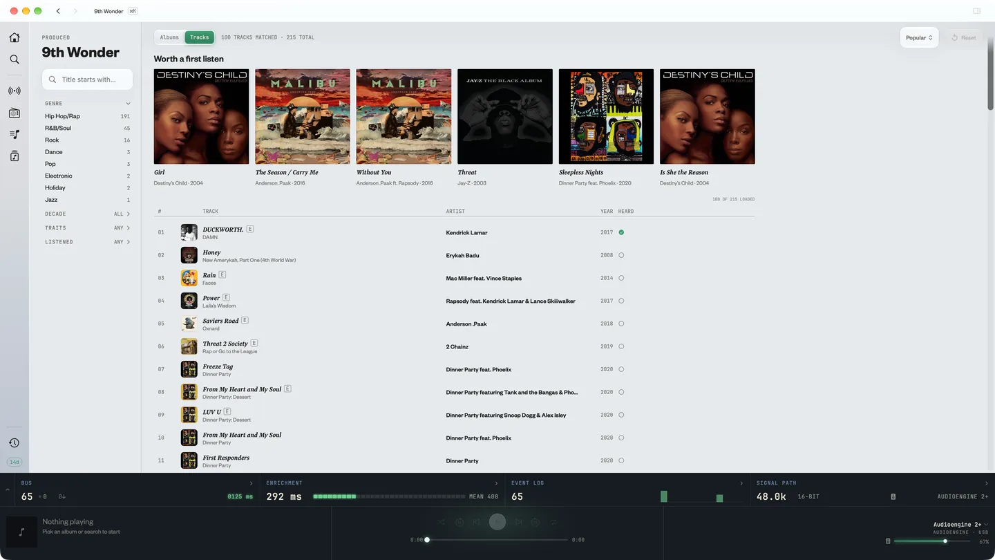 Track-level, facetable listing of 9th Wonder's production credits.