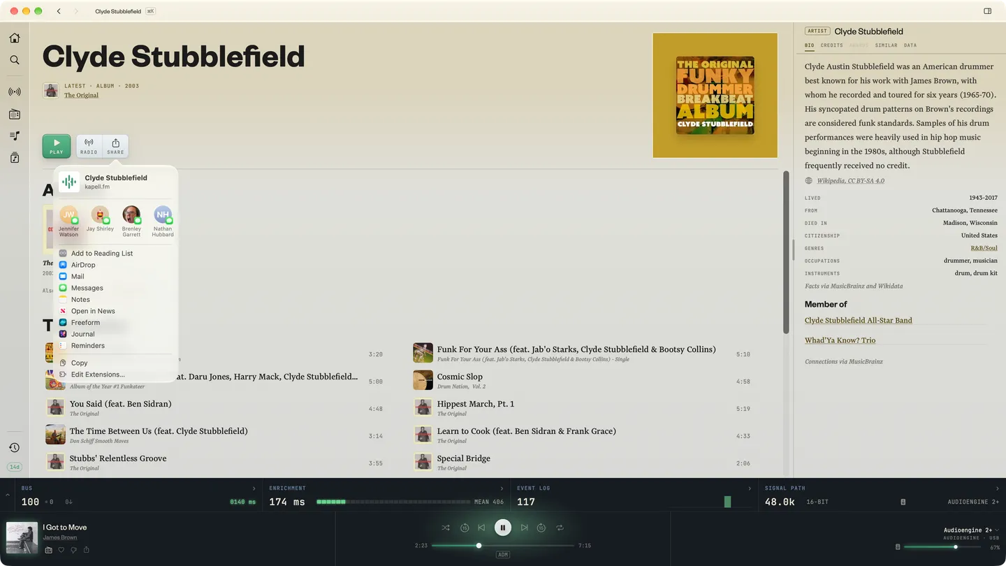 Share menu, opened from Clyde Stubblefield's artist page in Kapell