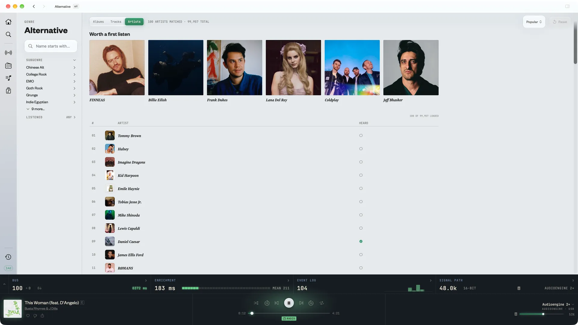 A shot showing a listing of artists by genre in Kapell, which is a new feature. Alternative, specifically.