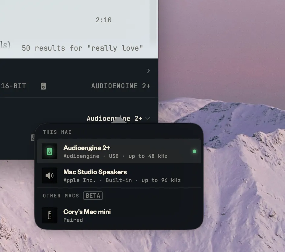 The output picker: this Mac’s own outputs, and a paired Mac mini under Other Macs.