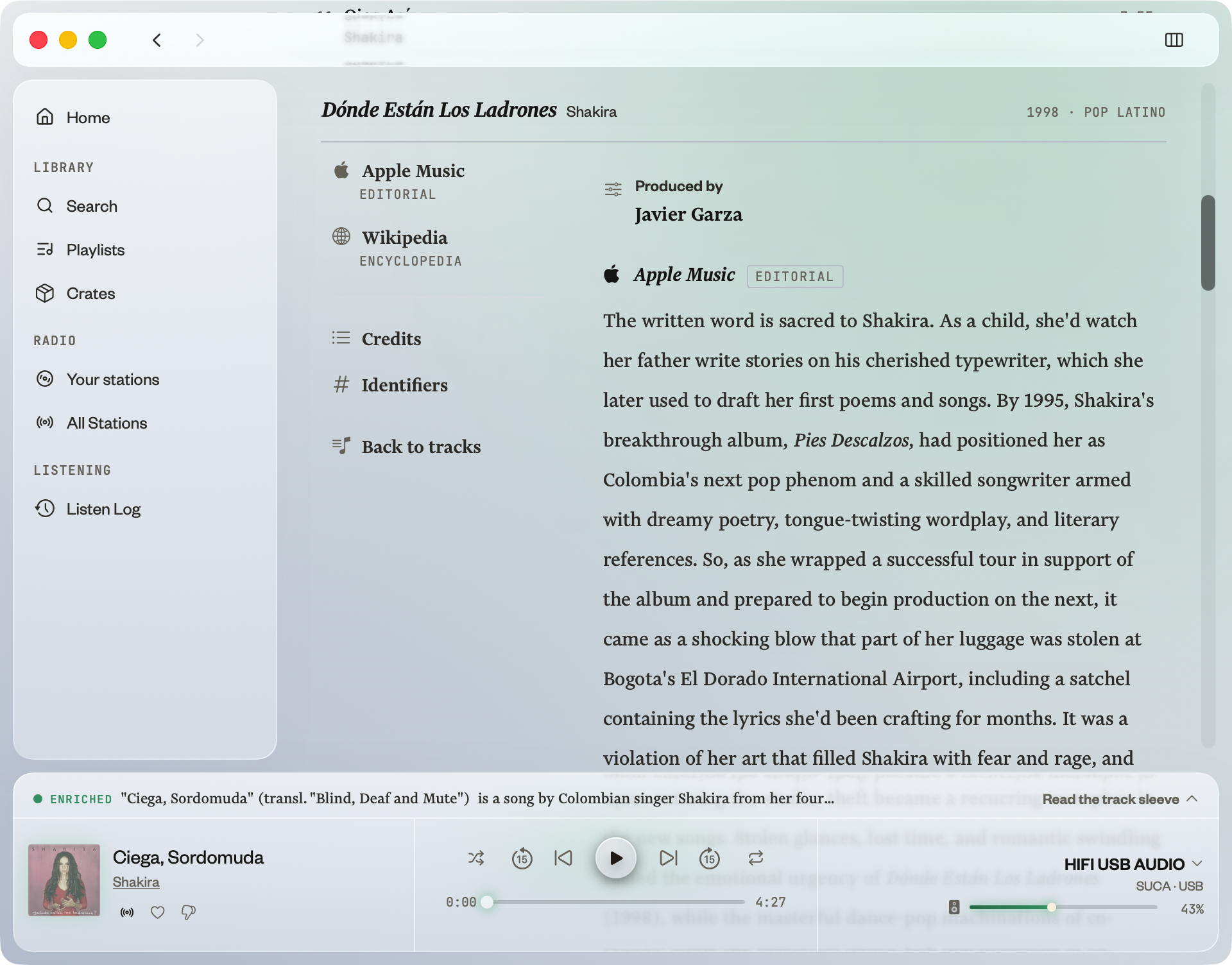 Track, album, and artist enrichment details in Kapell